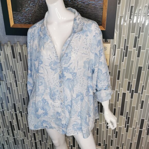 Sigrid Olsen Floral Print 100% Linen Long Sleeve Buttonup Shirt Womens 3X  0454 - Picture 1 of 6